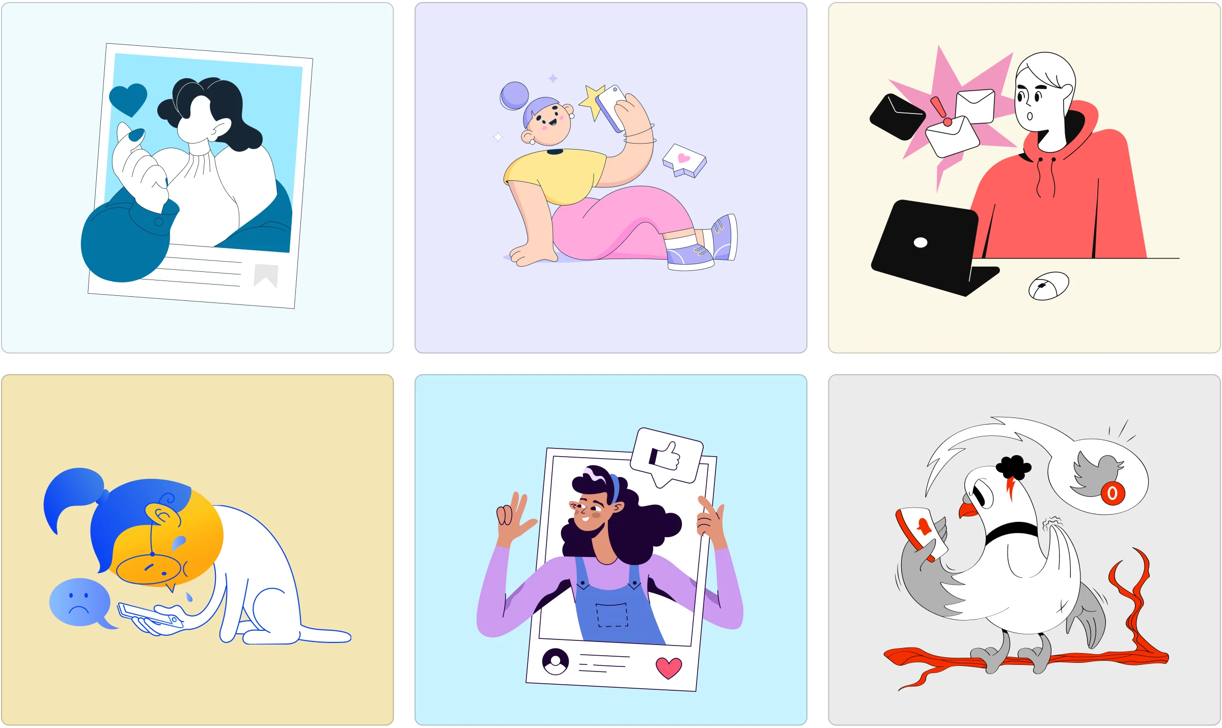 Social media illustrations with characters in different styles