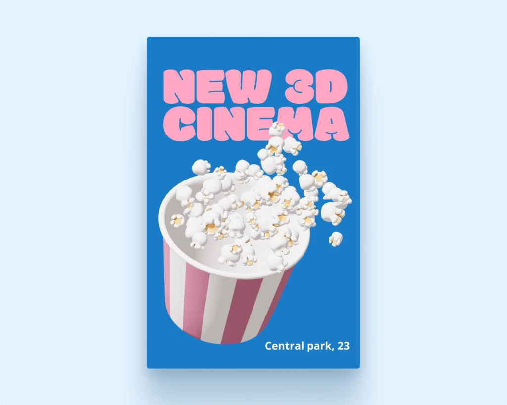 3D Cinema poster with popcorn 3D model made in Mega Creator