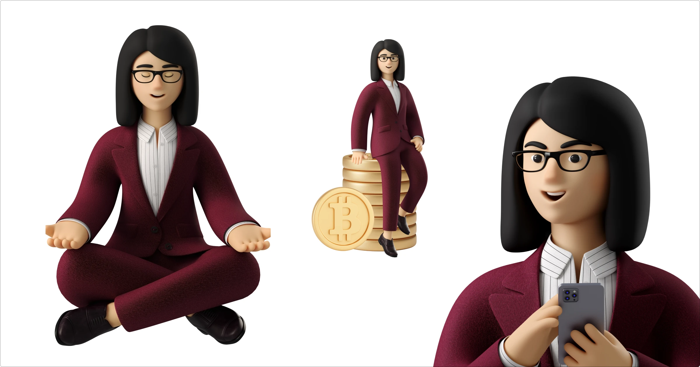 3D illustrations of a woman in a burgundy suit