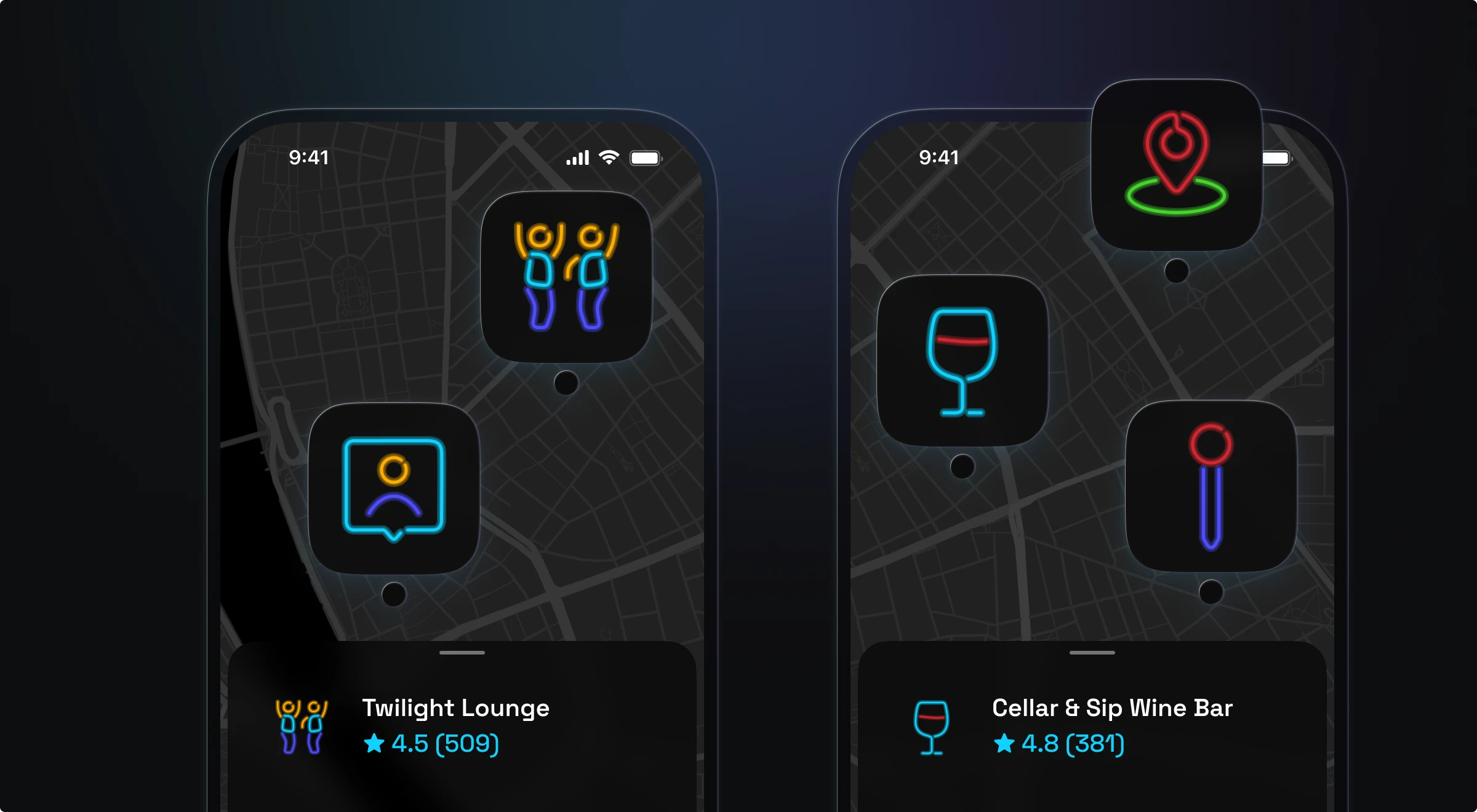 Neon location icons in mobile maps app UI concept