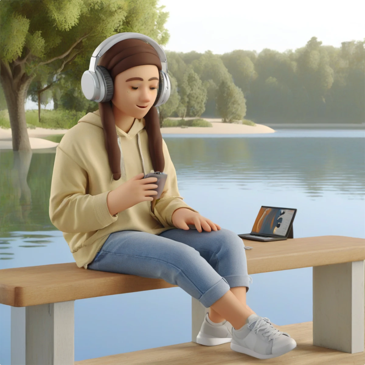 3D Business generated girl listeting to the music on the lake illustration