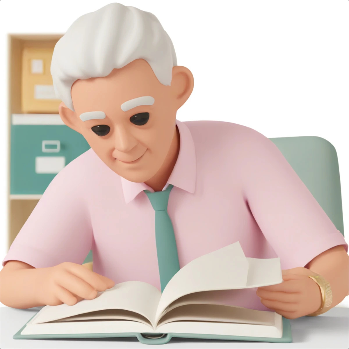 3D Casual Life generated aged man reading a book illustration