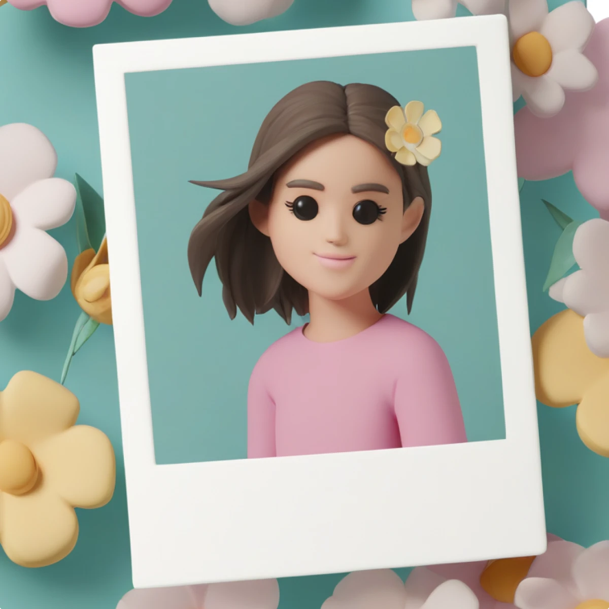 3D Casual Life generated girl polaroid portrait in the flower background illustration