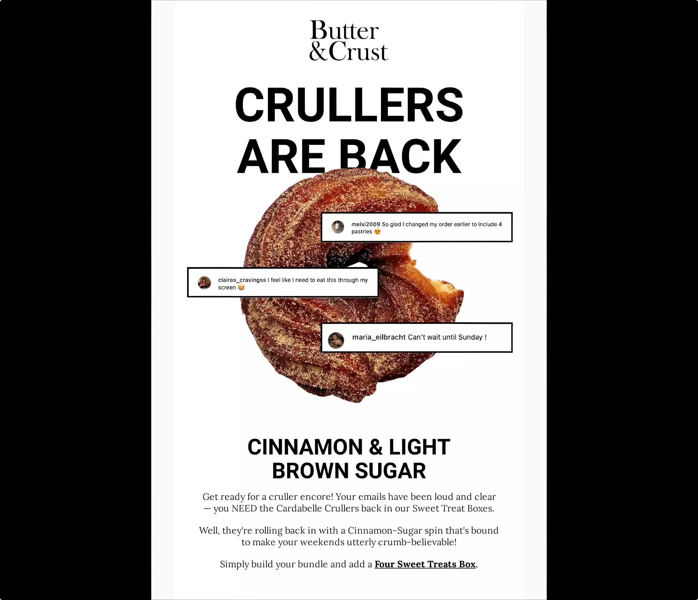 Butter & Crust email design with social proof