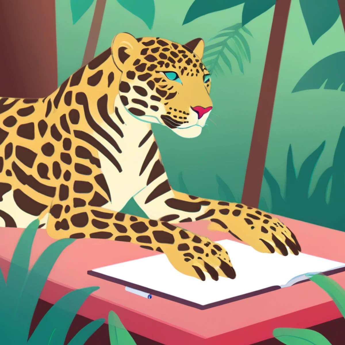 Generated illustration of a friendly leopard researching about psoriasis in the Neon style