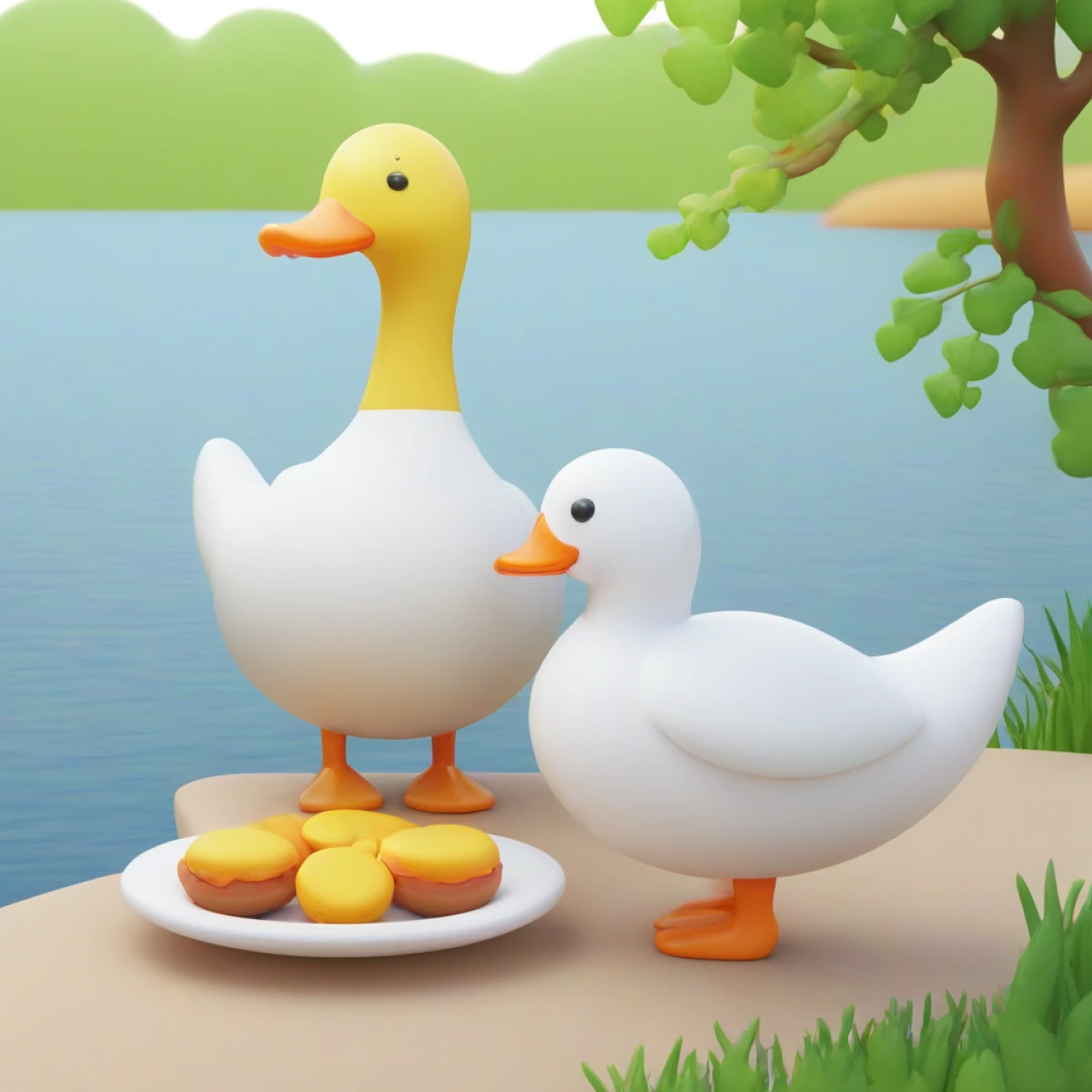 Generated illustration of a picture of a duck having a fine time with a goose in the 3D Fluency style