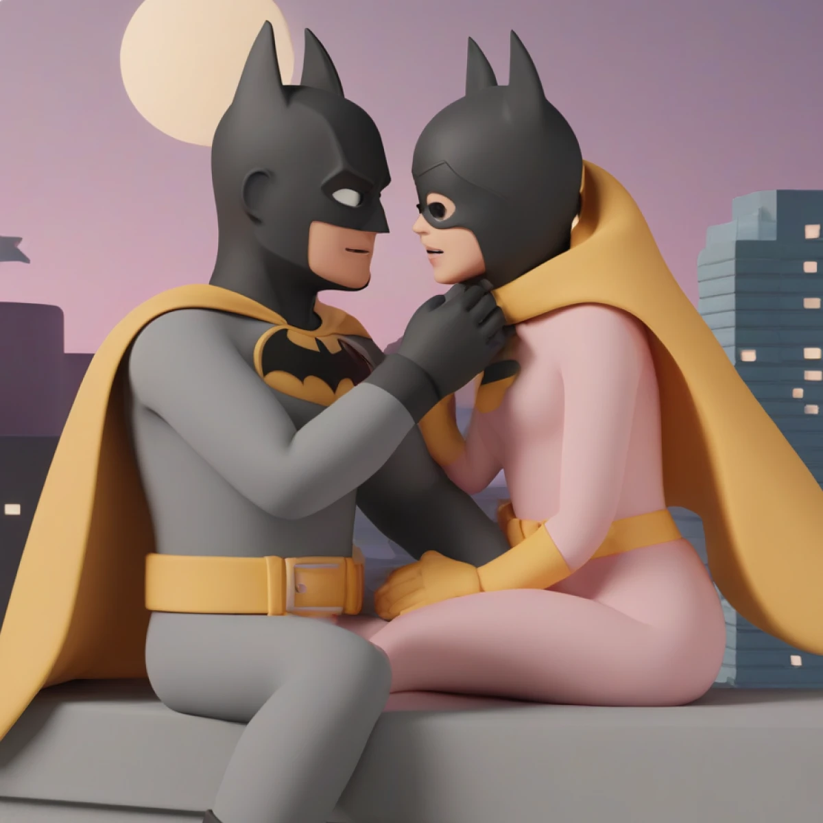 Generated illustration of batman looking lovingly into the eyes of batgirl in the 3D Casual Life style