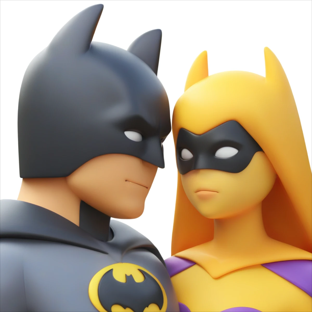 Generated illustration of batman looking lovingly into the eyes of batgirl in the 3D Fluency style