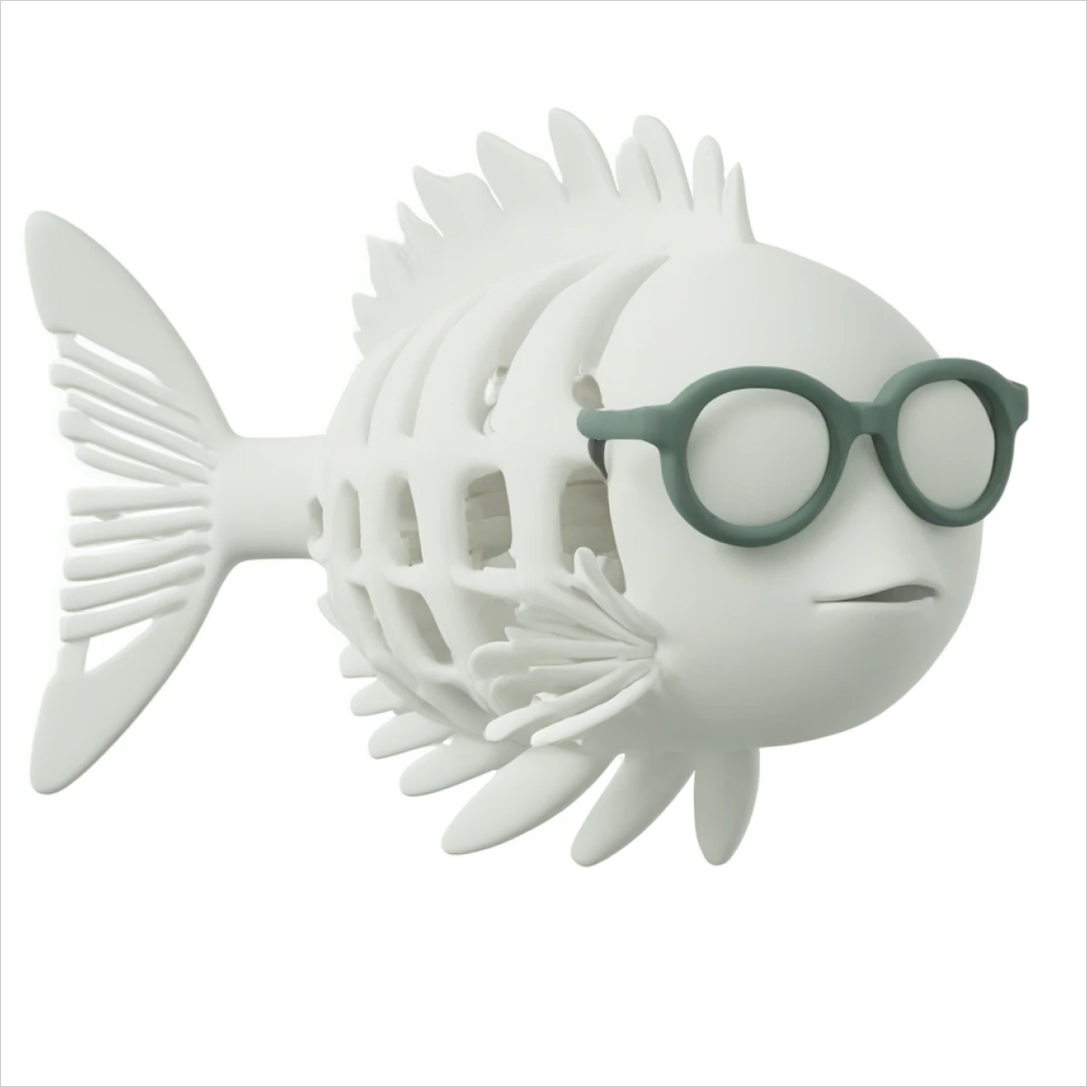 Generated illustration of fish skeleton with glasses in the 3D Casual Life style