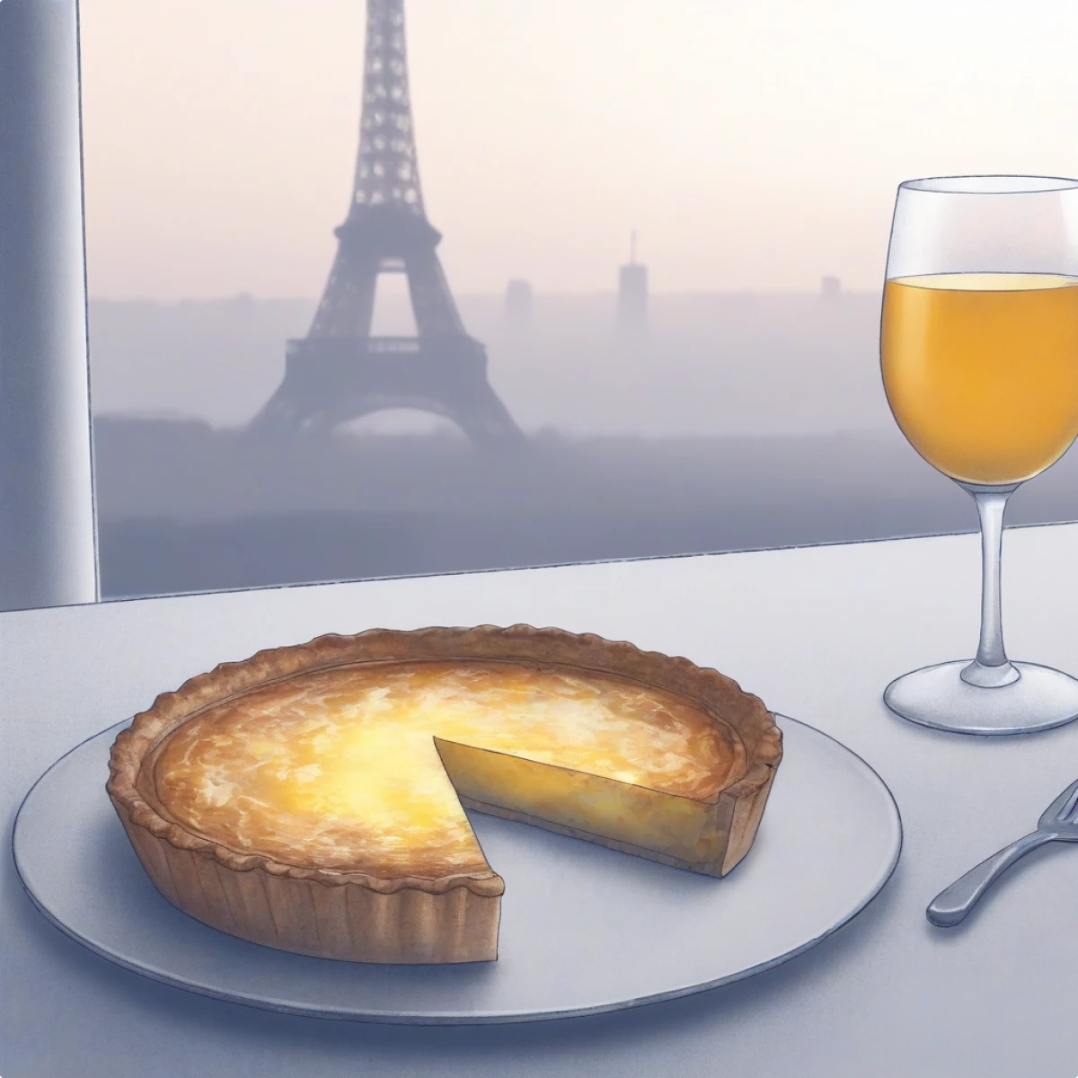 Haze generated French breakfast with a city view to the Paris illustration