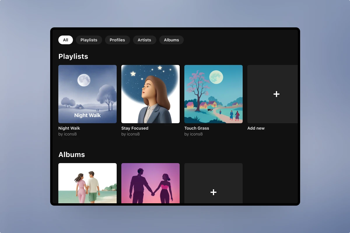 Music streaming platform UI with the generated illustrations from Illustration Generator