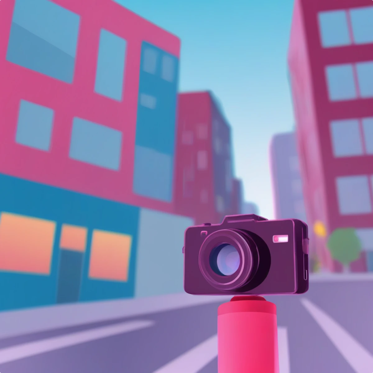 Neon generated camera on the tripod with the city street blurred illustration