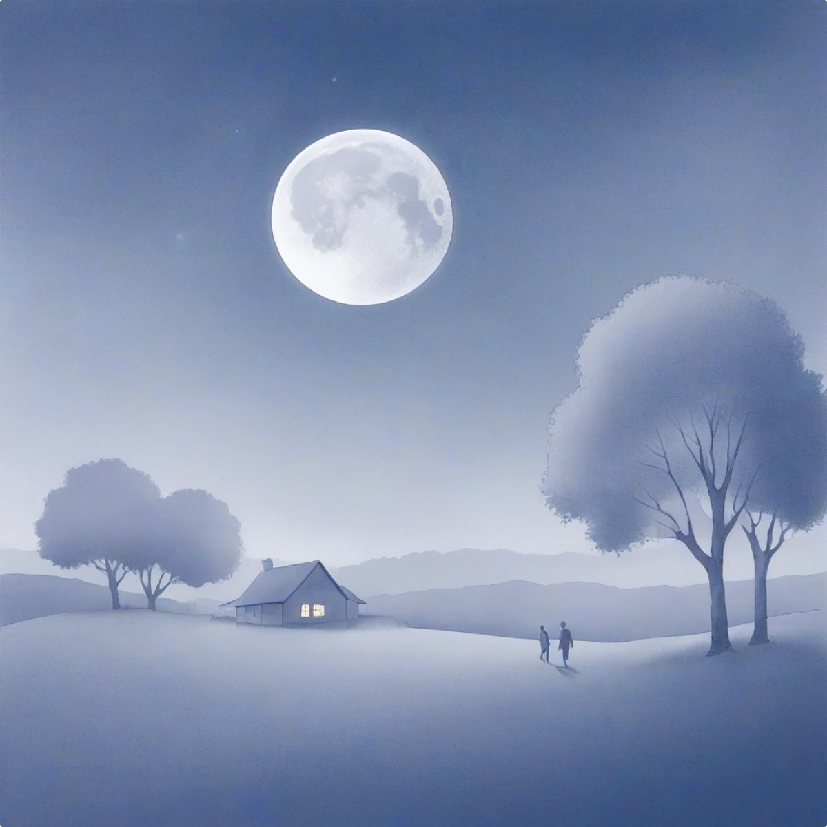 Watercolor image of countryside with people walking and a full moon generated illustration in the Haze style