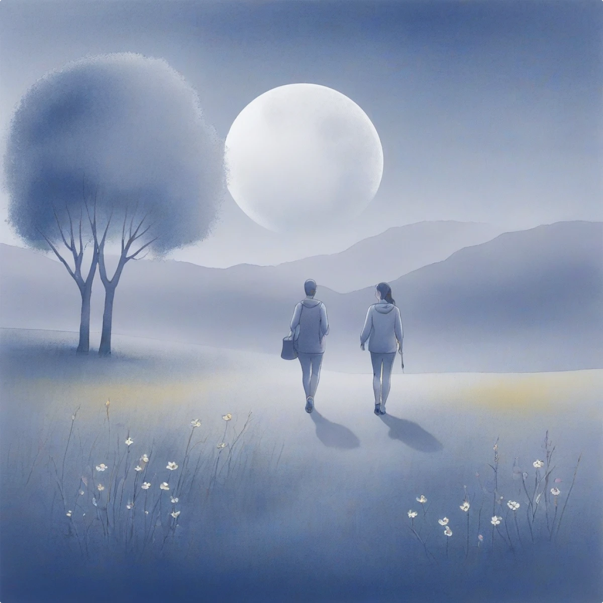 Watercolor image of countryside with people walking and a full moon generated illustration in the Haze style — 2