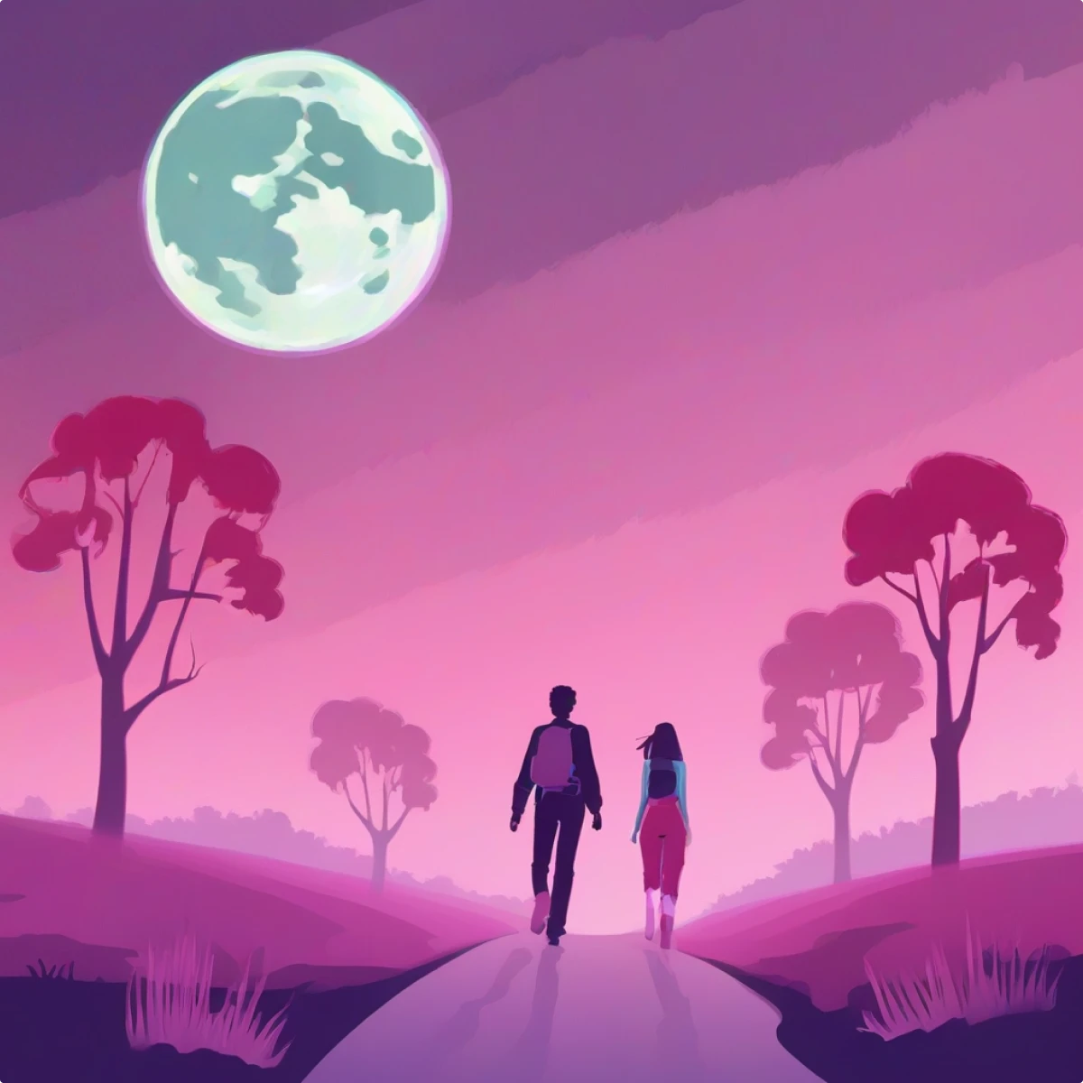 Watercolor image of countryside with people walking and a full moon generated illustration in the Neon style