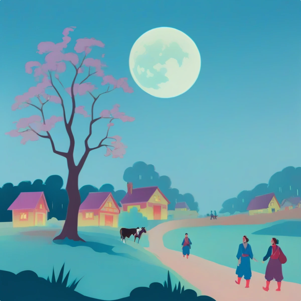 Watercolor image of countryside with people walking and a full moon generated illustration in the Neon style — 2