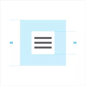 Clearance area. Icon: 24dp Touch target on both: 48dp. Image credit: Material Design